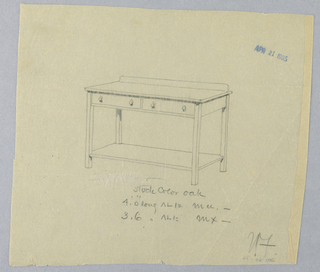 Drawing, Design for Serving Table with Two Drawers with Round Pulls
