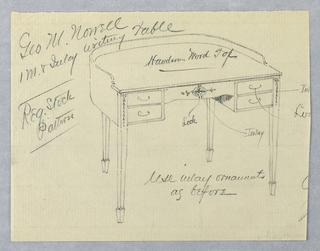 Drawing, Design for Mahogany Inlay Writing Table for George M. Nowell
