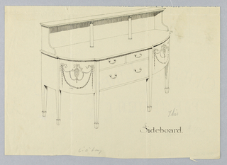 Drawing, Design for Sideboard with Upper Shelf and Neo-Classical Motifs on Rounded Corners