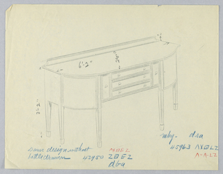 Drawing, Design for Six-legged Sideboard with Rounded Corners and Five Central Drawers