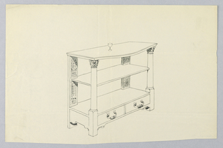 Drawing, Design for Side Serving Table with two shelves adorned by two Corinthian- column front supports on a two-drawer base