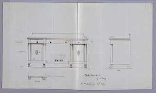 Drawing, Design in Three Views for Mahogany and Inlay Sideboard