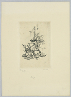 Print, Vignette with Gourds, a Basket, and a Scale