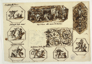 Drawing, Design for Various Decorations including "Coriolanus at the Walls of Rome"