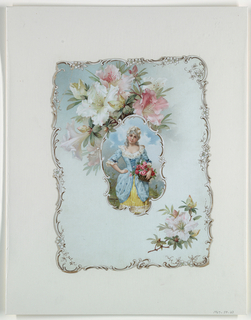 Chromolithograph Print, Young woman holding a basket of roses