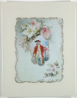 Chromolithograph Print, Boy holding bouquet of roses