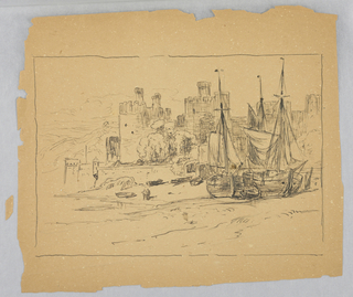 Drawing, Beached Boats before a Castle