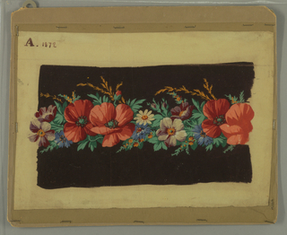 Drawing, Design for Textile Border with Floral Garland in Orange, Purple, and White
