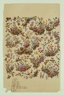 Drawing, Design for Textile with All-over Small Floral Pattern and Color Block Notations