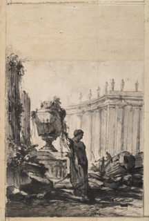 Drawing, Ruins with Vase, Herm, and Colonnade