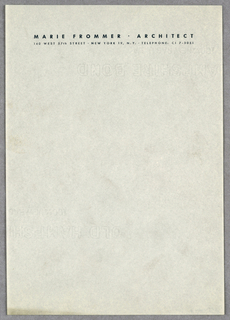 Letterhead, Marie Frommer, Architect