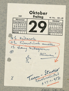 Calendar Page, Freitag, Oktober  29, 1937 [Friday, October 29, 1937 ] Calendar Page with Turn- Studio notations