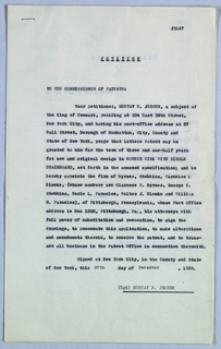 Patent  Application, Petition and Assignment Documents and Design Illustrations re: United States Patent #2147 for Corner Sink with Single Drainboard; United States Patent #2090 for Sink with Double Drainboard, Gustav B. Jensen, Designer/ Inventor.