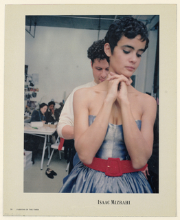 Advertisement, Isaac Mizrahi: Model in blue strapless dress