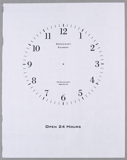 Advertisement, Restaurant Florent:  Clock/ Open 24 Hours