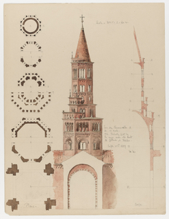 Drawing, Plans, elevation, and section of the tower in Chiaravalle, Milanese, Italy