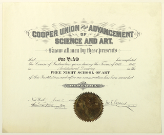 Certificate, Diploma for Cooper Union Free Night School of Art