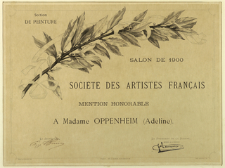 Certificate, Mention Honorable a Madame Oppenheim (Adeline), Société des Artistes Français, Salon de 1900, Section de Peinture