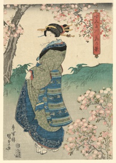 Print, Woman viewing Cherry Blossoms on the Bank of the Sumida River (Sumidagawa hana no kei)
