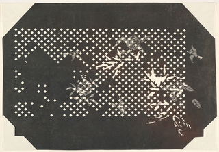 Katagami, Sparrows and Bamboo leaves and other Blossoms on a Checked Pattern