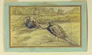 Drawing, Two Peacocks in a Landscape