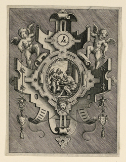 Print, Scrollwork Escutcheon with Representation of Saint Matthew the Evangelist