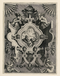 Print, Scrollwork Escutcheon with Representation of Saint John the Evangelist