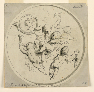 Drawing, Design for a Circular Painting of a Ceiling With Five Putti: Winter