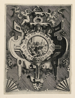Print, Scrollwork Escutcheon with Representation of Saint Luke the Evangelist