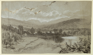 Drawing, Landscape with three buildings