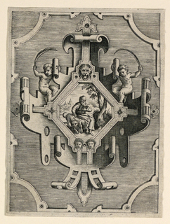 Print, Scrollwork Escutcheon with Representation of Saint Mark the Evangelist