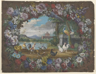 Drawing, Ducks, Chickens and Peacocks in a Landscape Framed with a Floral Wreath