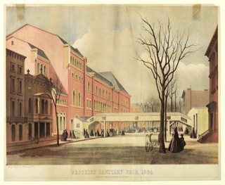 Print, View of the Academy of Music and Brooklyn Sintary Fair Building with Connecting Bridge