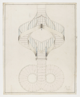 Drawing, Perspective Elevation and Plan View of a Double Spiral Staircase