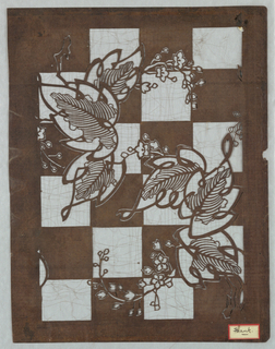 Katagami, Ivy and Blossoms on a Checkered Board