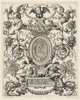 Print, Ornamental Panel Surmounted by an Eagle and the Motto NATOS ET NOSTRA TUEMUR, plate 7 from the 
Livre de Diverses Grotesques peintes dans le Cabinet et Bains de la Reyne Regente, au Palais Royale