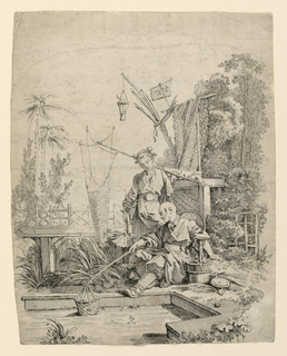 Print, A Man and Woman Fishing by a Fishpond