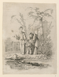 Print, Two Women Leading a Child toward a Teapot on a Table near a Pond