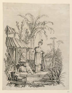 Print, A Seated Man and a Woman Carrying a Fish