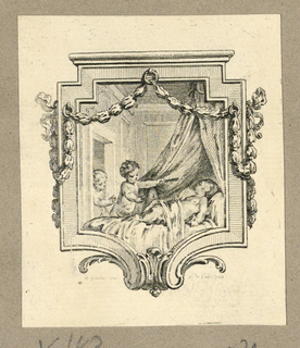 Print, Two Children Watch a Sleeping One in an Eschuteon