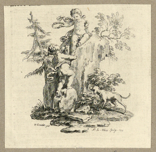 Print, Cupid and a Girl Upon Boulder