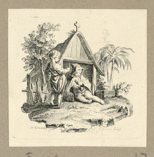 Print, Two Figures in Front of Structure with Cross