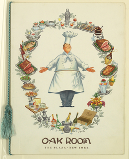 Drawing, Two Patrons and Doorman on Menu for Oak Room