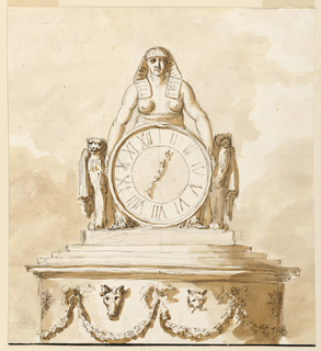 Drawing, Project for a slightly varied suggestion for the upper part of the pedestal and the figure with the dial in 1938-88-2109