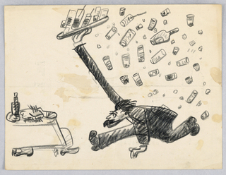 Drawing, Waiter Carrying Tray with Many Drinks