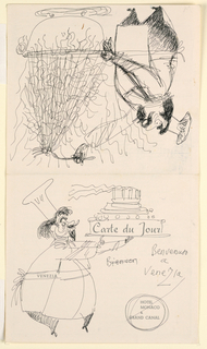 Drawing, Benvenuto a Venezia, Chef with Spaghetti and Chef with Cake, Hotel Monaco & Grand Canal