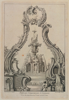 Print, Rocaille Arch and Fountain with a Vase and Sea Horses
