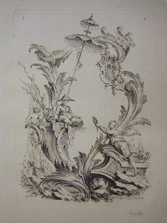Print, Design for a Cartouche with Three Figures and a Parasol