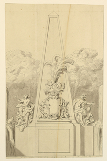 Drawing, Design for a Monument flanked by Fountains