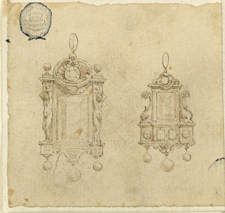 Drawing, Design for Two Pendants with Caryatides and Dolphins